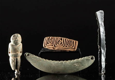 4pc Pre-Columbian Assortment: Pre-Columbian, Mexico, Guerrero, Michoacan, Colima and Aztec, ca. 500 BCE to 1500 CE. Nice group of ancient Mexican artifacts! Starting with an early Guerrero stone figure with distinct Olmecoid featu