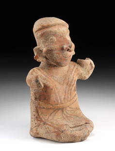 Nayarit Painted Pottery Figure - Ritual Female Form: Pre-Columbian, West Mexico, Nayarit, ca. 100 BCE to 250 CE. A charmingly expressive seated female figure from the Nayarit tradition, modeled with round cheeks, prominent ears, and a subtle smile that