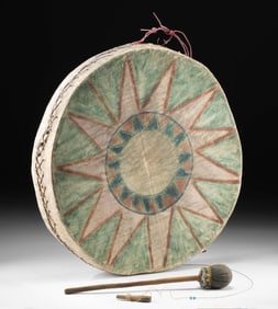 Mexican Tarahumara Hide & Wood Drum w/ Sunburst Motif