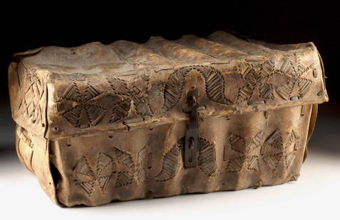 19th C. Spanish Colonial Leather Petaca w/ Iron Clasp: Latin / South America, Spanish Colonial era, ca. 18th to 19th century CE. A large and well-preserved hide traveling trunk known as a petaca, constructed with thick panels of tanned leather stitched ov