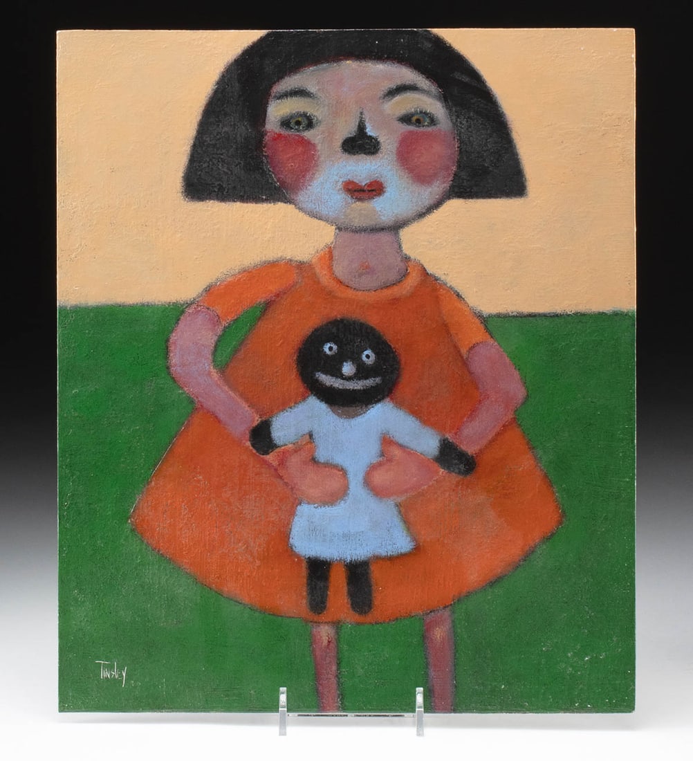 David Tinsley Painting "Girl with Black Doll" (2001): David Tinsley (American, b. 1951). "Girl with Black Doll" acrylic on board, 2001. Signed at lower left; signed, dated, and titled on verso. In David Tinsley's delightful "Girl with Black Doll," we're