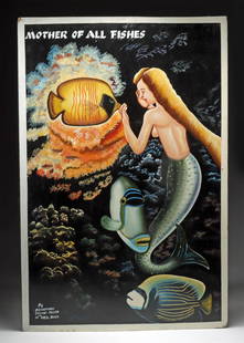 Franokah Painting - "Mother of All Fishes" (2006): Frank Armah "Franokah" (Ghanian, b. 1973). "Mother of All Fishes" paint on wood board, 2006. Signed and dated at lower left; titled at upper left. From the vibrant heart of Teshie, Accra, Ghanaian art
