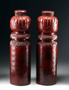 19th C. Chinese Lacquered Pillars Blooming Finials (2): East Asia, China, Qing Dynasty, ca. late 19th century. A matching pair of wood architectural pillars, likely intended for a temple or the domestic shrine of a wealthy household. Each pillar is finishe