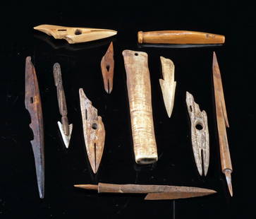 Ancient Inuit Ivory & Bone Harpoon Heads & Tools: Native American, Northwestern United States, Alaska, ca. 200 BCE to 1600s CE. A collection of eleven ancient tools from the Beringian coastal regions, associated with the Old Bering Sea, Punuk, Thule,