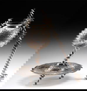 Ornate 19th C. Chilean .850 Silver Mate Cup & Bombilla: South America, Argentina / Chile, ca. mid to late 19th century CE. An antique South American yerba mate set, crafted in silver of approximately 84%-87% purity. The cup is adorned with repousse leaf mo