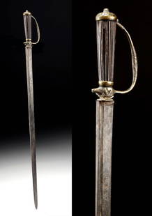 18th C. English Hunting Sword - Brass Hilt w/ Animals: Northern Europe, England, Georgian Era, ca. 18th century CE. A stout and stately example of Georgian-era hunting craftsmanship, this 18th century English hunting sword bears the hallmarks of both func