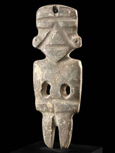 Abstract Teotihuacan Stone Pendant - Mezcala Influence: Pre-Columbian, Central Mexico, Teotihuacan, ca. ca. 200 to 600 CE. A fascinating pendant from ancient Teotihuacan, this stone figure merges the regional aesthetics of Central Mexico with visual traits
