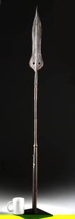 19th C. Congo / Kuba Iron Spear for Defense & Prestige: Central Africa, Democratic Republic of the Congo, Kuba or Nkutshu (Nkutschu) peoples, ca. 19th century CE. A broad iron spearhead with a tubular socket mounted atop a long, slender wooden shaft. Three