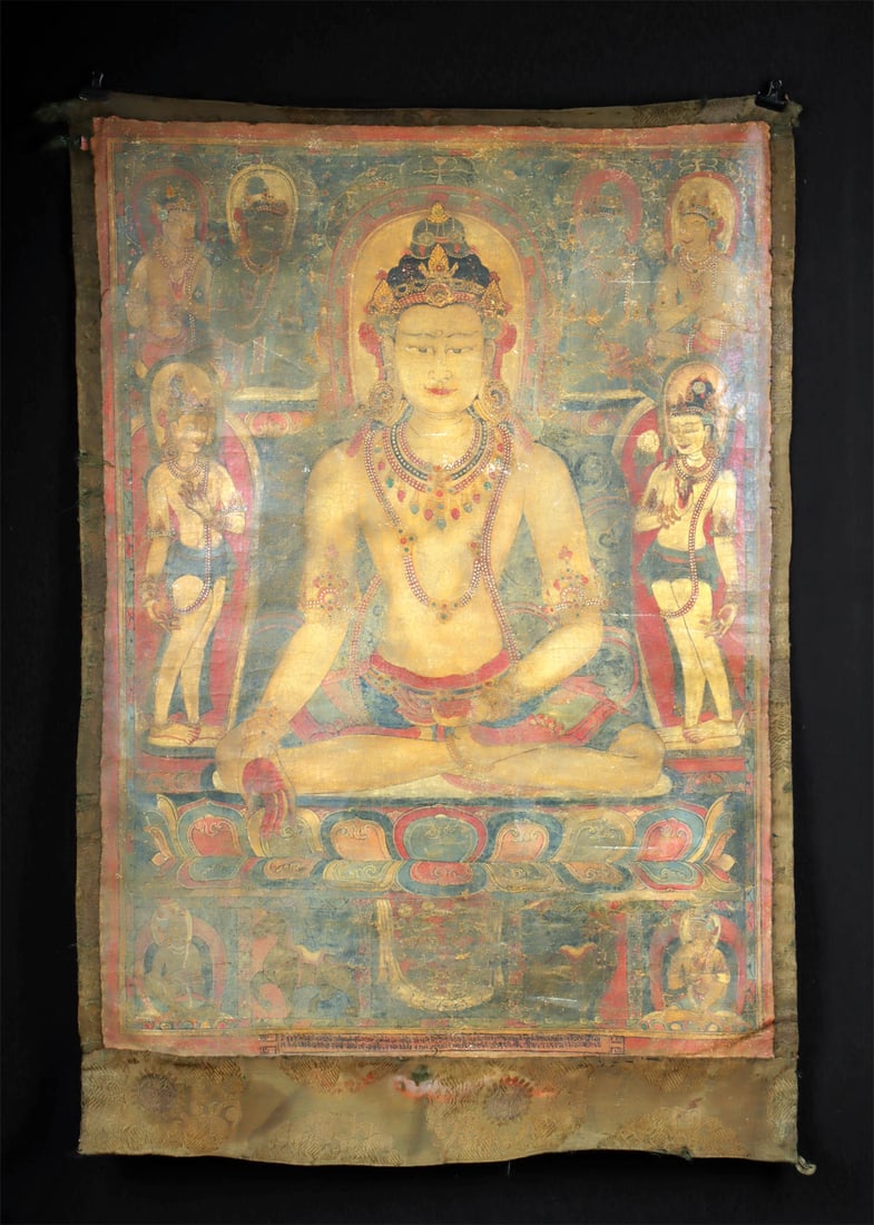 Tibetan Textile Thangka of Ratnasambhava, Jina Buddha (1 of 3)