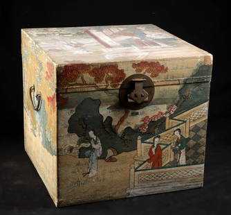 Fine Chinese Qing 19th C. Painted Pigskin Storage Chest: East Asia, China, Qing Dynasty, ca. 19th to early 20th century CE. A beautifully crafted and sizable storage chest constructed from thin wooden panels covered with stretched pigskin, which serves as t