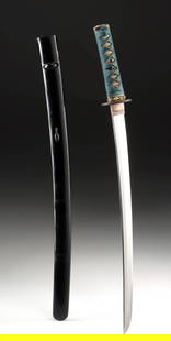 Japanese Edo Wakizashi in Koshirae by Shitahara School: East Asia, Japan, , Momoyama to Edo period, ca. late 16th to early 17th century CE. An antique Japanese Wakizashi sword in koshirae signed and attributed to the noted swordsmith Shitahara Jyu Masanaga