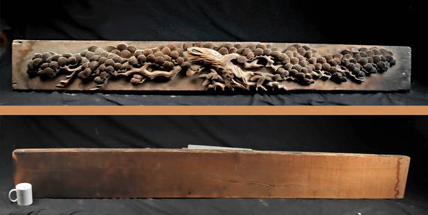Long Japanese Edo-Meiji Wood Transom Relief Tree Motif: East Asia, Japan, Edo to Meiji period, ca. 19th to early 20th century CE. A large wood transom plank relief-carved with winding branches and textured needles of a classic gnarled pine tree. Likely onc
