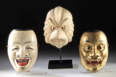Three Japanese Wood Noh Theater Masks of Deities & Bird: East Asia, Japan, ca. mid to late 20th century CE. A trio of traditional Japanese Noh theatre masks, each hand-carved in wood- but only two are finished with rich layers of lacquer and pigment. These