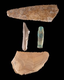 Three Egyptian Flint Blades & Miniature Faience Ushabti