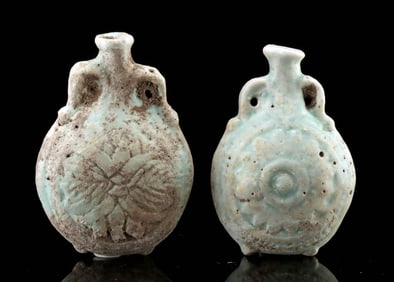 Two Egyptian Faience Flasks w/ Rosettes & Lotus Flower