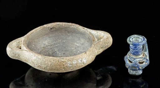 Miniature Pottery Kylix & Blue Glass Handled Jug