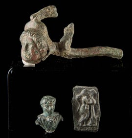 3 Roman Miniatures - Brass Bust, Copper Plaque + Handle