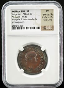 Very Fine Roman Vespasian AE Copper Coin, NGC Slabbed