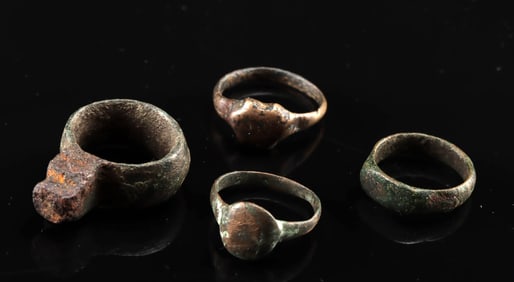 Three Roman Bronze Rings & 1 Roman Bronze/Iron Key Ring