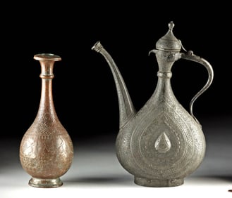 19th C. Persian Copper Vase & Bronze Ewer w/ Arabesques