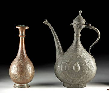 19th C. Persian Copper Vase & Bronze Ewer w/ Arabesques: **Originally Listed At $200** Near East / Central Asia, Ottoman Empire / Persia, Islamic culture, Qajar dynasty, ca. 18th to 19th century CE. An elegant bronze sprinkler ewer and a copper vase. The br