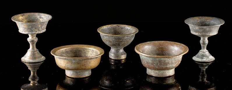 5 Assorted Indian Brass Oil Lamps for Hindu Rituals: **Originally Listed At $250** South Asia, India, ca. 18th to 20th century CE. A collection of five assorted brass oil or ghee (butter) lamps, each with varying metal compositions. One example, primari