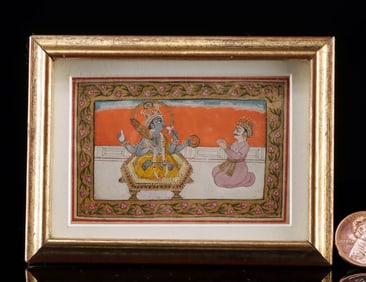 18th C. Indian Awadh Gouache Painting of Vishnu & King