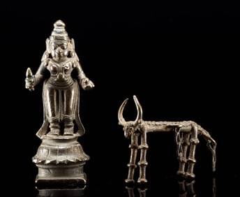 Indian Cast Brass Sculptures: Deity Murti & Dhokra Cow