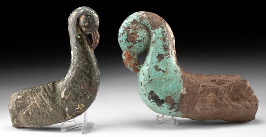 2 Indian Painted Stone Birds, Architectural Carvings