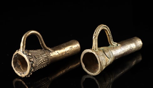 Two Indian Brass Smoking Chillum Pipes