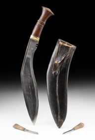 19th C. Nepalese Kukri Knife w/ Sheath & Utility Blades