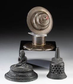 Tibetan Brass Cup Holder & Borobudur Stupa Miniature