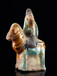 Chinese Ming Sancai Glazed Pottery Horse & Woman Rider: **Originally Listed At $150** East Asia, China, Ming Dynasty, ca. 1368 to 1644 CE. A finely crafted miniature pottery horse and female rider, mold-made and glazed in vibrant sancai and turquoise hues.