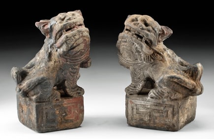 Pair of 19th C. Chinese Stone Fu Lion Candle Holders