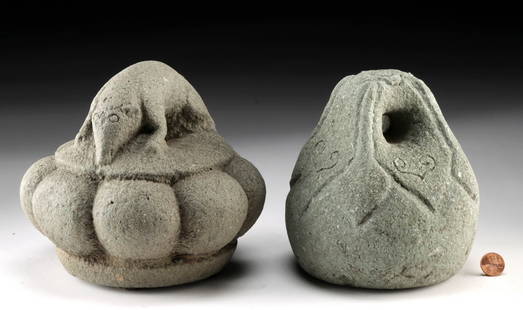 Two 19th C. Chinese Qing Stone Measuring Weights: **Originally Listed At $400** East Asia, China, Qing Dynasty, ca. 18th to 19th century CE. A pair of stone measuring weights, both intricately carved - one in the shape of a fruit and the other a gour