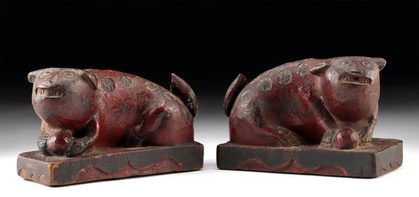 19th C. Chinese Cinnabar-Lacquered Wooden Fu Lion Pair
