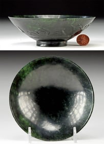 Chinese Glowing Serpentine Bowl w/ Relief Floral Motifs