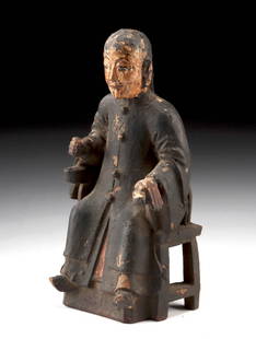 19th C. Chinese Qing Polychrome Wood Ancestor Figure: **Originally Listed At $200** East Asia, China, Qing Dynasty, ca. 19th century CE. A finely carved and painted wooden ancestral figure depicting a seated male figure dressed in traditional Qing Dynast