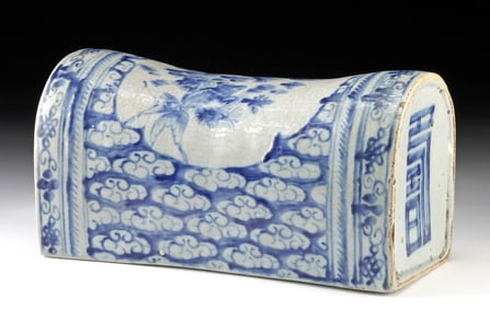 19th C. Chinese Qing Blue-on-White Porcelain Headrest