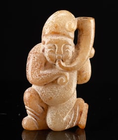 Chinese Nephrite Jade Kneeling Figure with Horn Trumpet
