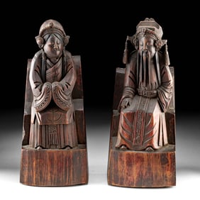 Early 1900s Chinese Wood Ancestor Shrine Figures Pair