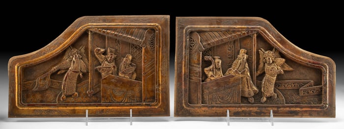 19th C. Chinese Qing Wood Relief Panels for Marital Bed