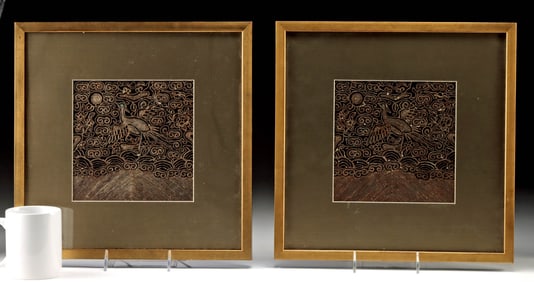 Framed Chinese Qing Dynasty Embroidered Silk Badges