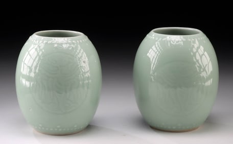 Two Chinese Celadon Porcelain Vases, Phoenix Patterns