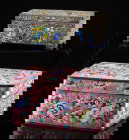 Two Chinese Enameled Brass & Silvered Copper Boxes