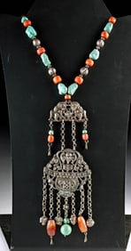 Chinese-Mongolian Silver, Coral & Turquoise Necklace