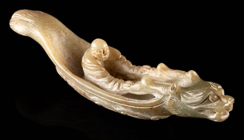 Chinese Nephrite Jade Carving of Man in Boat