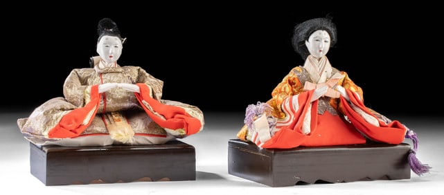 Early 20th C. Japanese Cloth & Wood Hina Dolls