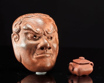 Japanese Bizen Ware Noh Mask and Tiny Pottery Teapot