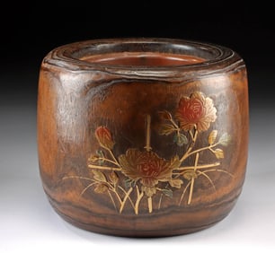 Japanese Showa Kiriwood Hibachi Makie Peony Motif